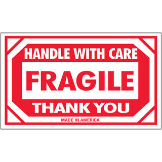 Etiquetas de 3" x 5" con leyenda "Fragile - Handle With Care - Thank You", rollo con 500 piezas