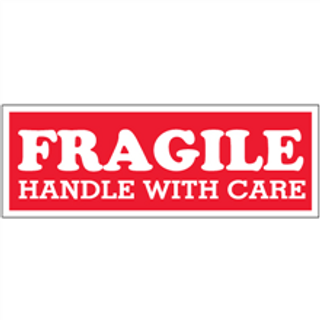 Etiquetas de 1.5" x 4" con leyenda "Fragile - Handle With Care", rollo con 500 piezas