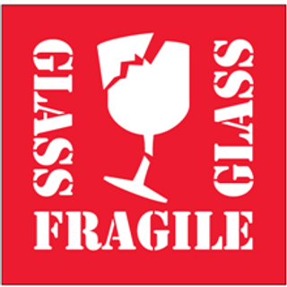 Etiquetas de 4" x 4" con leyenda "Fragile - Glass", rollo con 500 piezas