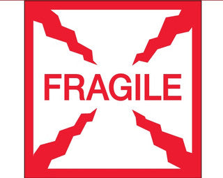 Etiquetas de 2" x 2" con leyenda "Fragile", rollo con 500 piezas